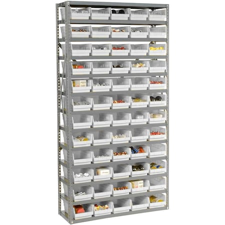 Global Industrial Steel Shelving with 60 4inH Plastic Shelf Bins Ivory, 36x12x72-13 Shelves 603440WH
